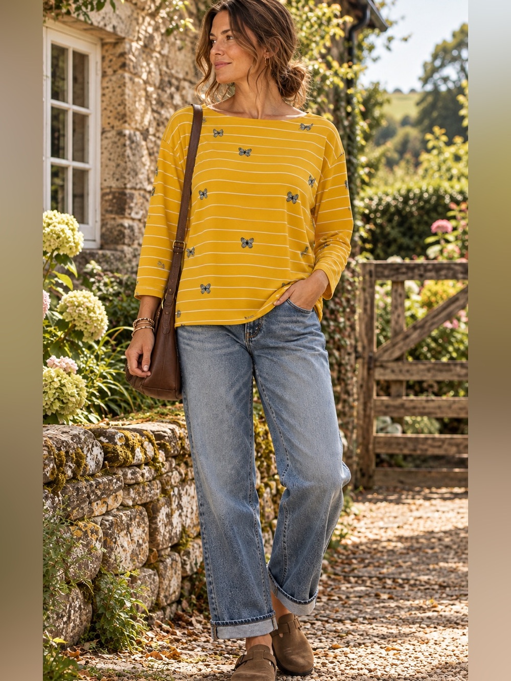 F&F Mustard Yellow US 14 Butterfly Stripe Cotton Top Cottagecore English Country